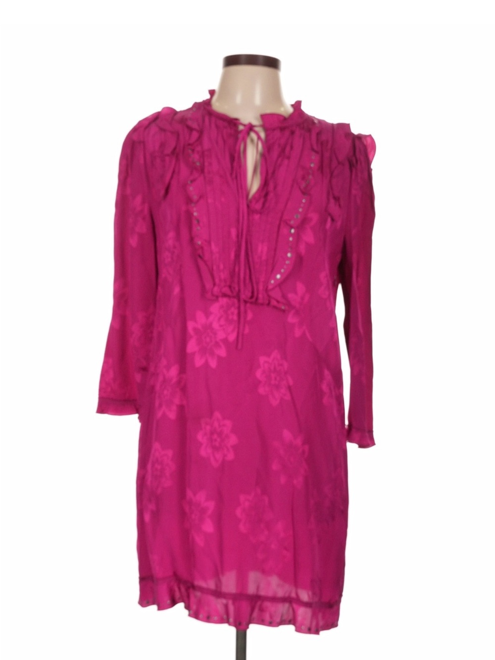 Coach Fuchsia Floral Ruffle Tie-Neck Dress